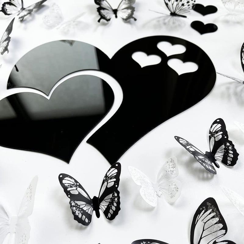 TVPHLLY 3D Crystal Butterfly and Acrylic Mirror Hearts Wall Stickers with Adhesive Art Decal Satin Paper Baby Kids Bedroom Home DIY Decor Removable Stickers (36 Butterfly and Black Heart) - Image 2